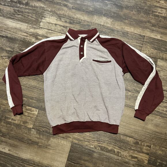 Vintage 80’s Polo Sweatshirt Red Gray Striped Greenline International Medium M - Picture 1 of 5